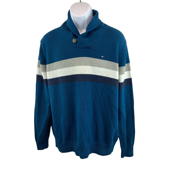 Mens Tommy Hilfiger Sweater XL Cotton Blue Collared Heavy Pullover Long Sleeve - Picture 1 of 11